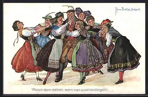 Künstler-AK Hans Boettcher: Schöne Mädle muss mer liebe, wenn mer schöne Weiber will!, tanzende Paare in Trachten