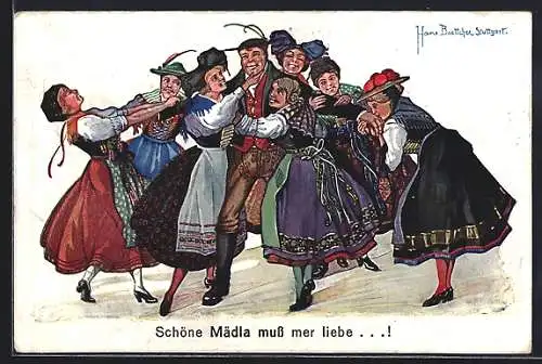 Künstler-AK Hans Boettcher: Bauramädla send mer liaber..., Frauen in Tracht und ein Mann