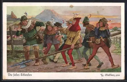 Künstler-AK Georg Mühlberg: die lieben Schwaben, Narren auf dem Feldweg