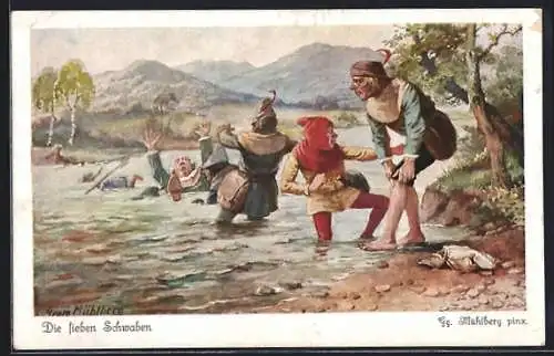 Künstler-AK Georg Mühlberg: Die sieben Schwaben, Männer gehen im Fluss unter