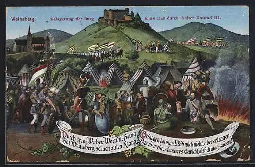 AK Weinsberg, Belagerung der Burg durch Kaiser Konrad III. anno 1140, Weiber tragen ihre Männer heraus