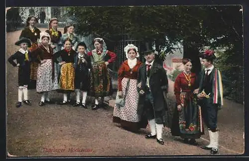 AK Thüringer Hochzeit, Festgäste in thüringischen Trachten