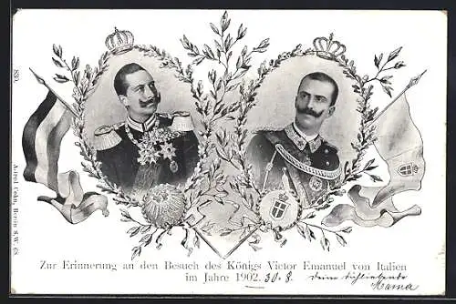 AK Besuch König Victor Emanuel von Italien bei Kaiser Wilhelm II. 1902, Porträts, Fahnen, Wappen