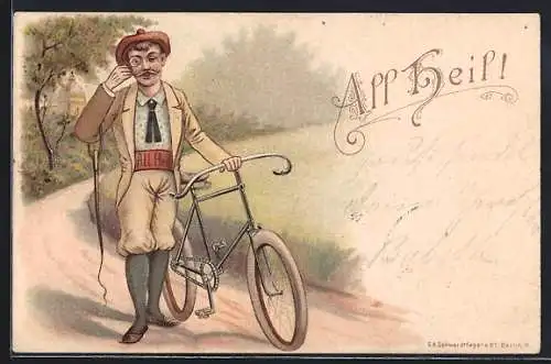 Lithographie Mann mit Fahrrad & Monokel