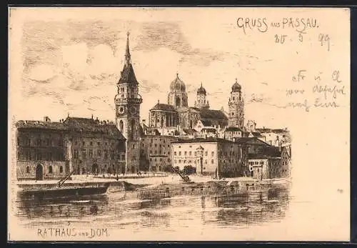AK Passau, Rathaus und Dom vom Fluss aus gesehen