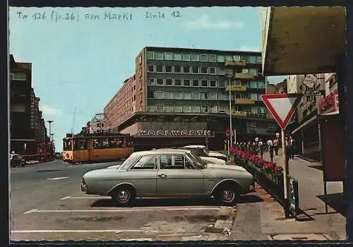 AK Remscheid, Markt mit Strassenbahn der Linie 12, Woolworth Kaufhaus, Autos