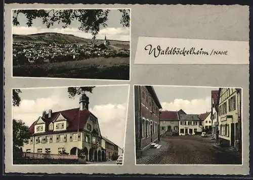 AK Waldböckelheim /Nahe, Gesamtansicht, Strassenpartie und Haus mit Türmchen