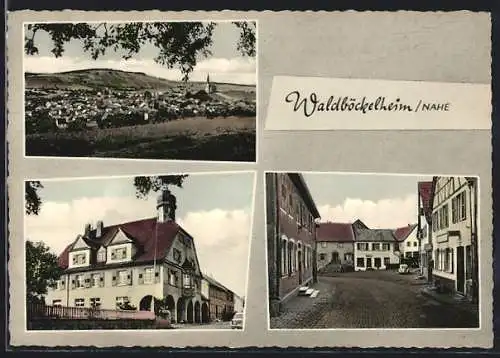 AK Waldböckelheim /Nahe, Gesamtansicht, Strassenpartie und Haus mit Türmchen