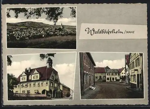 AK Waldböckelheim /Nahe, Gesamtansicht, Strassenpartie und Haus mit Türmchen