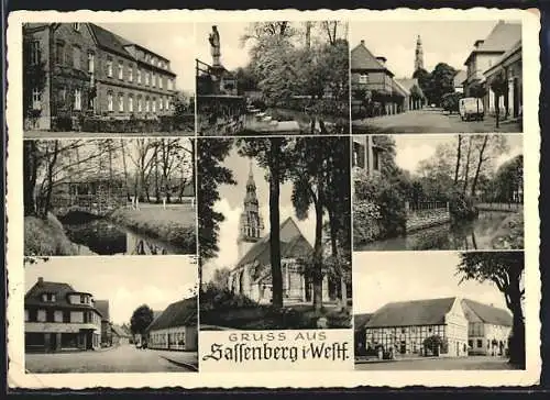 AK Sassenberg i. Westf., Kirche, Geschäfte, Fachwerkhaus