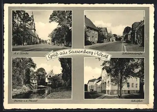 AK Sassenberg i. W., Schürenstrasse, Strassenansicht mit Kirche, Schulen, Hesselpartie