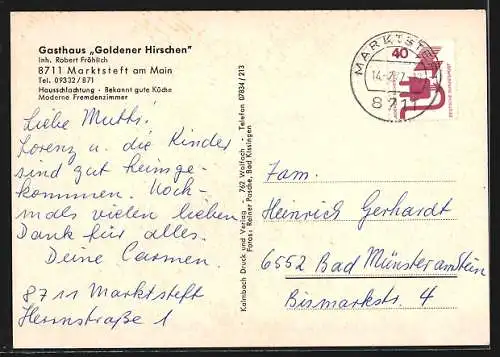 AK Marktsteft am Main, Gasthaus Goldener Hirschen, Post