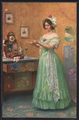 Künstler-AK Karl Maria Schuster: Vor der Promenade, Dame im grünen Kleid