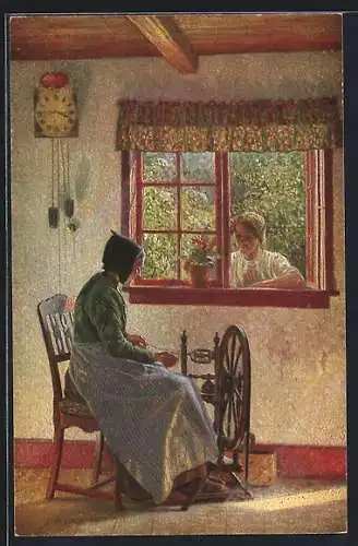 Künstler-AK Alfred Broge: Alte Frau am Spinnrad