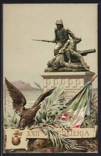 Lithographie Denkmal des 22. Artillerie Regiment mit Adler