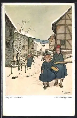 Künstler-AK Der Feiertagskuchen, Junge Mädchen in hessischer Tracht, W. Thielmann