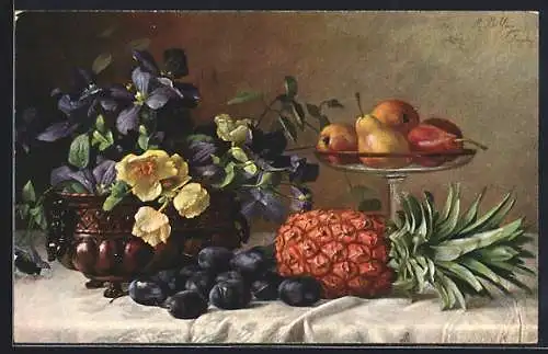 Künstler-AK M.Billing: Stillleben mit Trauben, Ananas und Blumen