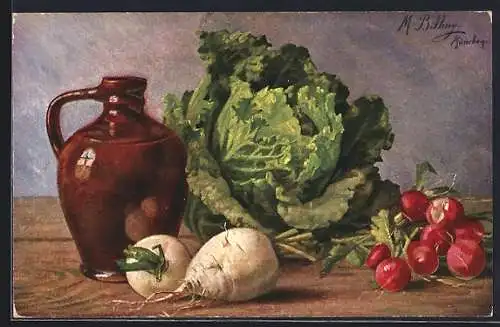 Künstler-AK M. Billing: Stilleben mit Rettich, Salat und Radieschen