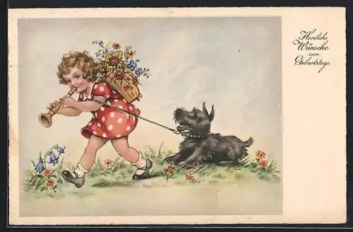 AK Mädchen mit Flöte und Hund, Geburtstagsgruss
