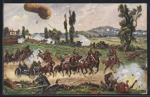 Künstler-AK W. Bürger: Fesselballon mit Soldaten bei einer Schlacht