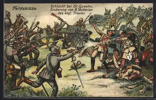 Lithographie St. Quentin, Eroberung von Batterien des englischen Heeres - Feldskizze