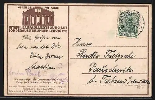 AK Leipzig, Intern. Baufachausstellung mit Sonderausstellung 1913, Weinrestaurant des Centraltheaters