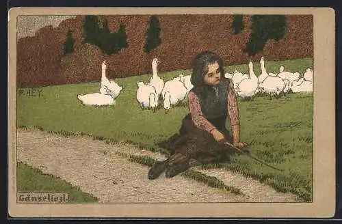 Künstler-Lithographie Paul Hey: Gänseliesl sitzt am Feldweg
