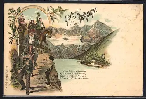 AK Gruss aus den Bergen, Bergsteiger mit Pferd auf einem Felsen, Bergpanorama, Ortspartie