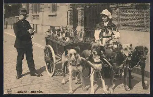 AK Pitthem, Vlaamsche Melkvrouw, Milchmädchen mit Hundegespann und Schutzmann