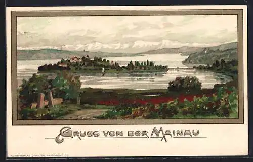 Künstler-AK K. Mutter: Insel Mainau, Blick über den See zur Insel