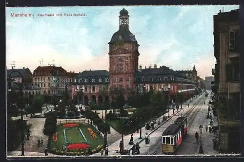 AK Mannheim, Kaufhaus mit Paradeplatz und Strassenbahn