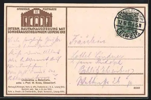 AK Leipzig, Internationale Baufachausstellung 1913, Lindenallee und Betonhalle