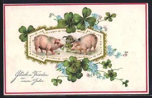 AK Schweine fressen den Glücksklee, Glückliches Neujahr