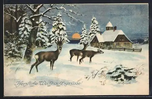 Künstler-AK Ad.Hoffmann: Rehe nähern sich einer Kirche, Neujahr