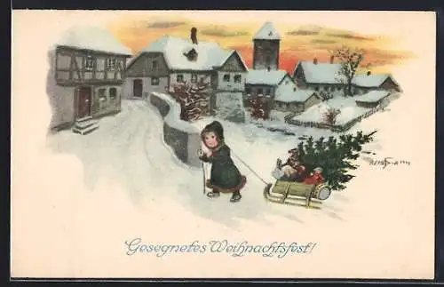 Künstler-AK Ad. Hoffmann: Mädchen mit Geschenken auf Schlitten - Weihnachtsgruss