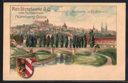 Lithographie Nürnberg, Panorama von St. Johannis, Doos, Wappen, Mars-Fahrradwerke AG vorm. Paul Reissmann