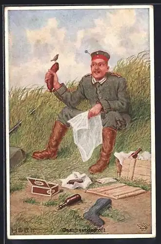 Künstler-AK H.S.B.: Soldat erhält Liebesgaben, Wurst, Zigarrenkiste