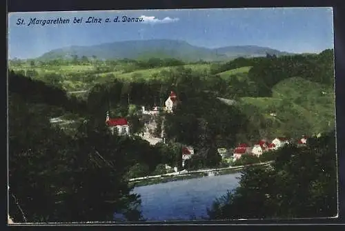 AK St. Margarethen bei Linz, Ortsansicht am Fluss