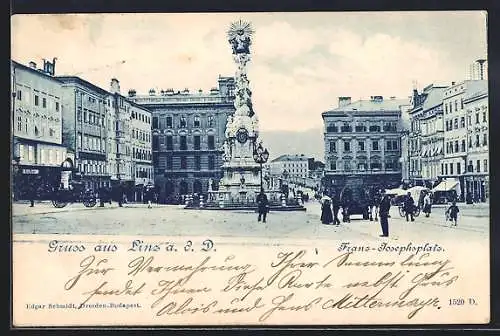 AK Linz a. d. D., Franz Josefs-Platz mit Denkmal