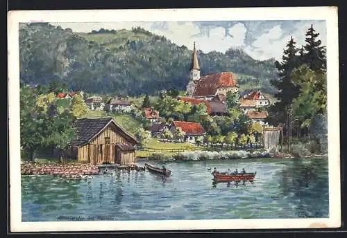 Künstler-AK Altmünster, Seeblick mit Gmunderberg