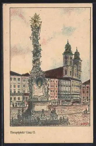 Künstler-AK Linz /D., Denkmal am Hauptplatz