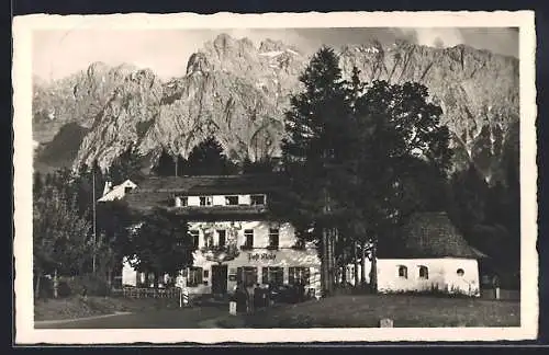 AK Klais, Hotel Post mit Karwendel