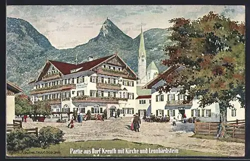 AK Kreuth, Dorfpartie mit Kirche und Leonhardstein