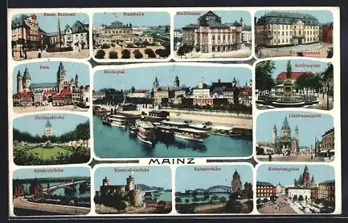 AK Mainz, Stadthalle, Stadttheater, Gouvernement, Dom, Eisenbahnbrücke, Gutenbergplatz, Schillerplatz