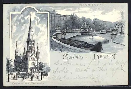 Lithographie Berlin-Tiergarten, Kaiser Wilhelm Ged. Kirche, an der Herkules Brücke