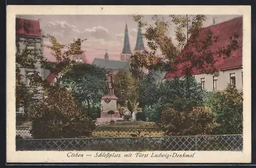 AK Cöthen, Schlossplatz mit Fürst Ludwig-Denkmal