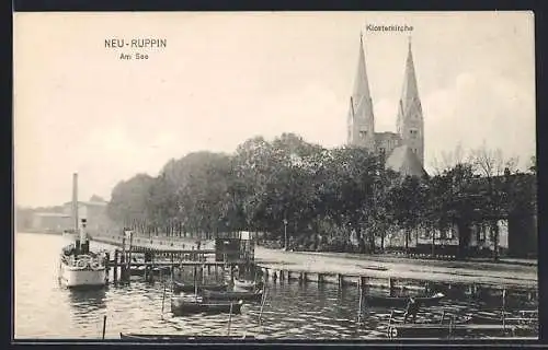 AK Neuruppin, Ortspartie am Seeufer mit der Klosterkirche