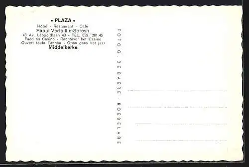 AK Middelkerke, Hotel-Restaurant Plaza, Propr. Raoul Verfaillie-Soreyn