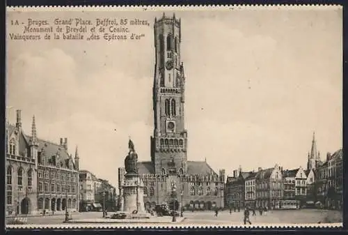 AK Bruges, Grand`Place, Beffroi, Monument de Breydel et de Coninc, Vainqueurs de la bataille des Epérons d`or