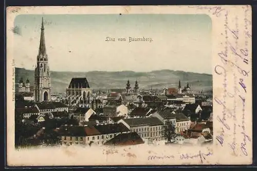 AK Linz vom Bauernberg, Teilansicht mit Kirche